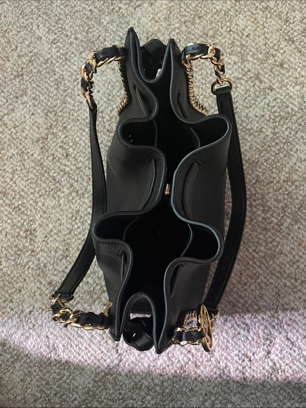 Michael Kors Black Pebbled Leather Bucket Shoulder Bag with Gold Chain Trim